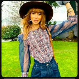 Zara Multicolored Tweed Oversized Top with Organza Puff  Sleeves Size XS